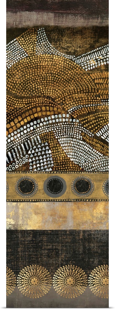 Abstract vertical artwork in golden tones with art nouveau style patterns.