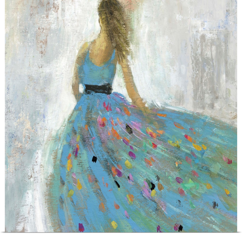 Square painting of a female in a blue ball gown with multiple color spots on the skirt.