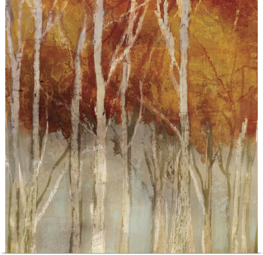 Contemporary home decor artwork of a forest in autumn foliage.