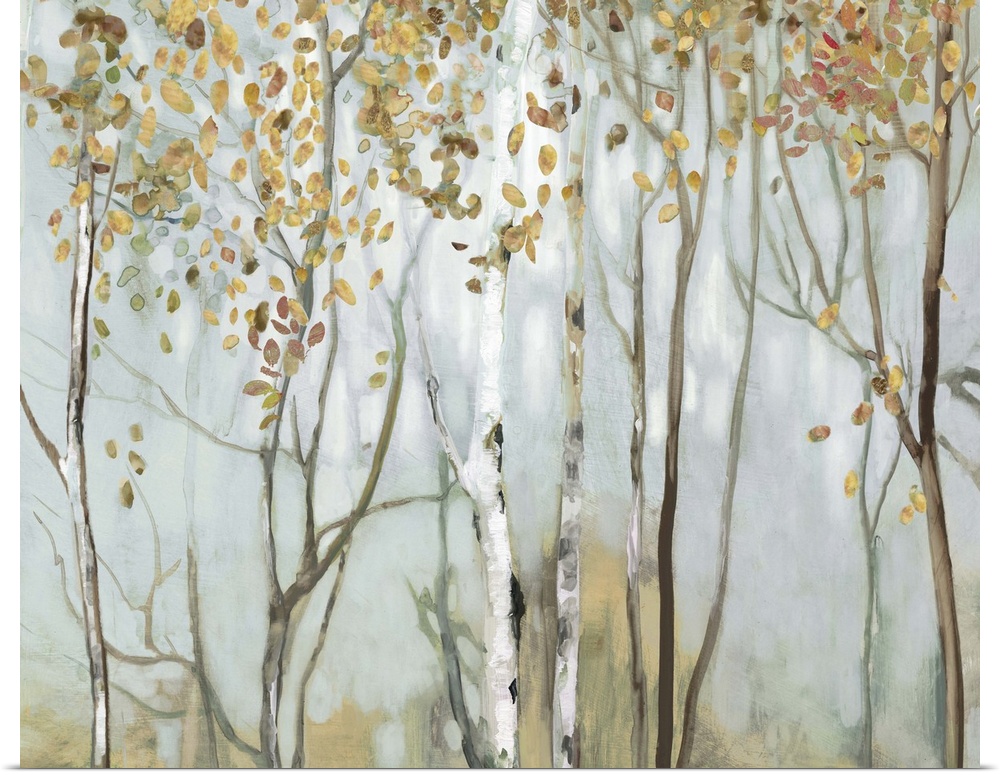 Large landscape painting of birch trees in the woods with gold and red leaves.