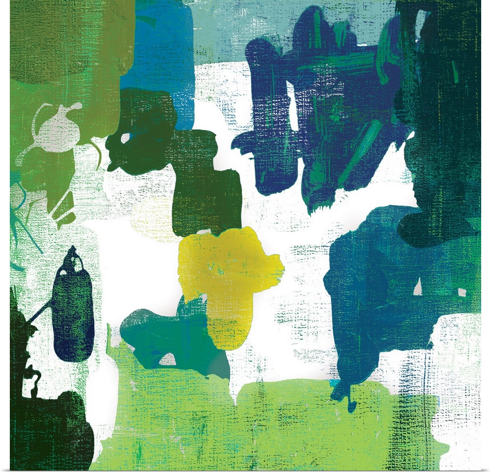 A contemporary painting of abstract shapes in varies shades of green.