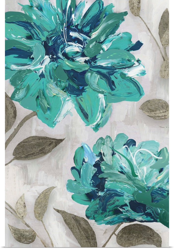 Contemporary artwork of teal flowers in full bloom.