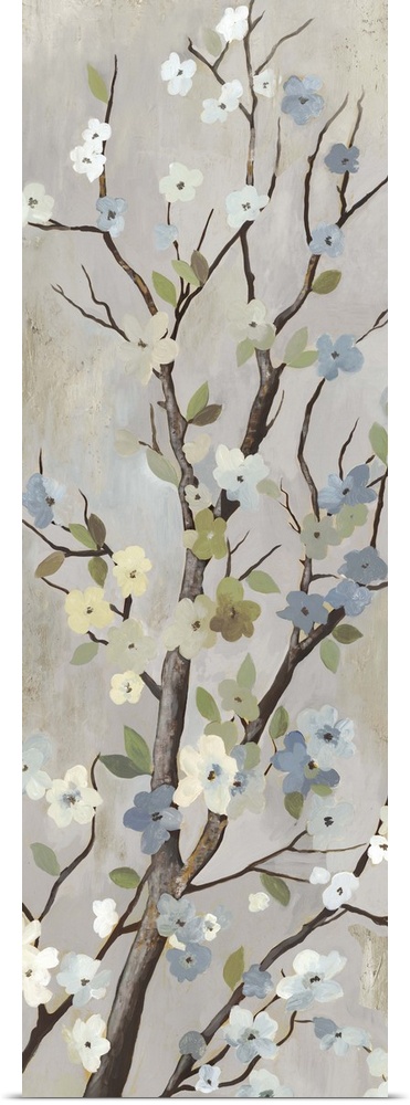 Contemporary home decor artwork of a tree branch with white flowers in bloom.