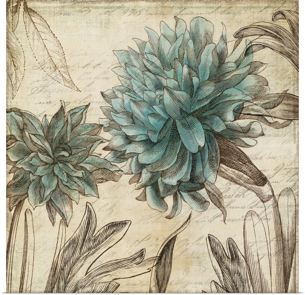 Contemporary home decor art of blue flowers against a weathered vintage background.