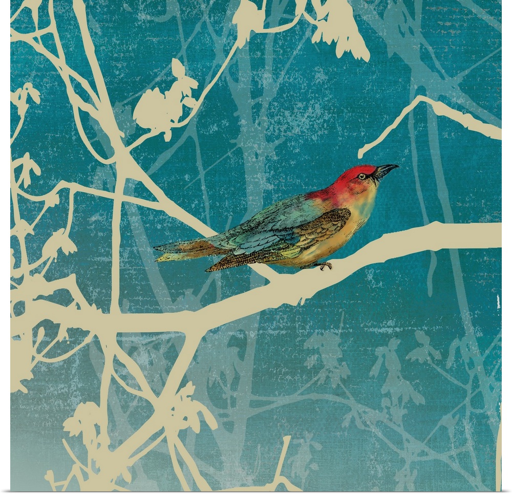 Contemporary home decor art of a bird perched on a silhouetted branch against a faded blue background.