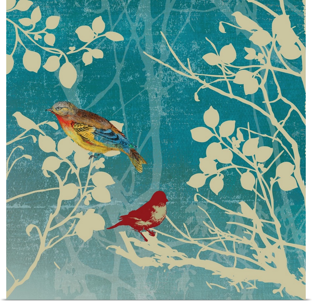 Contemporary home decor art of  two birds perched on a silhouetted branch against a faded blue background.