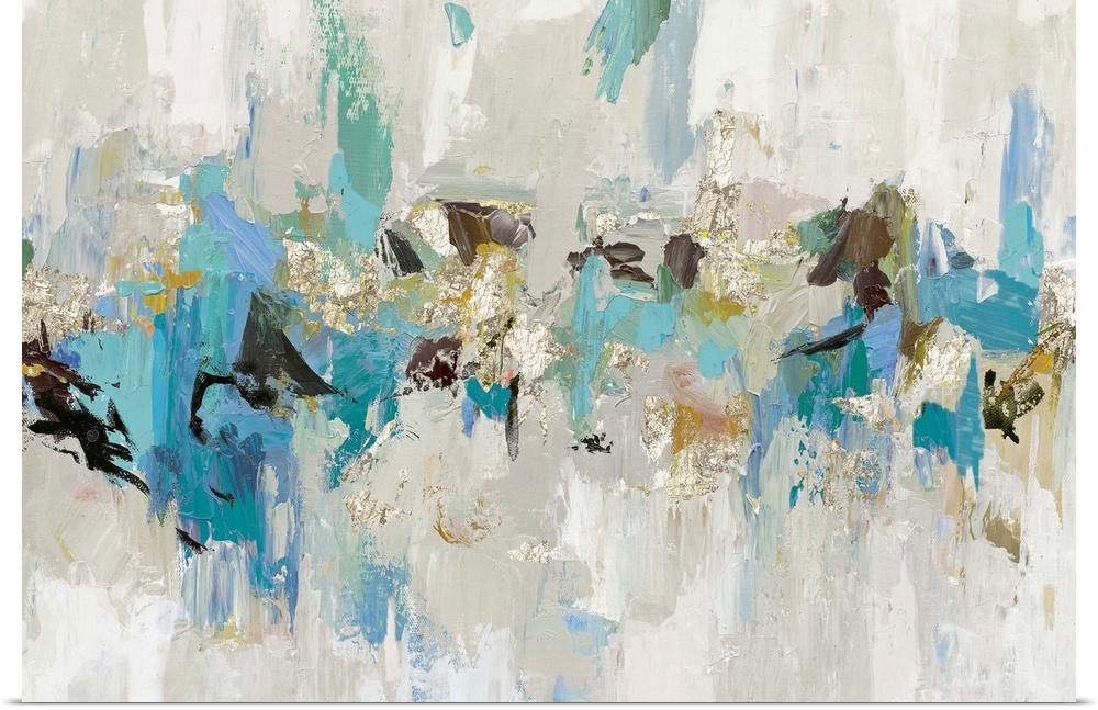 Large abstract artwork made with shades of blue, gray, brown, and gold.