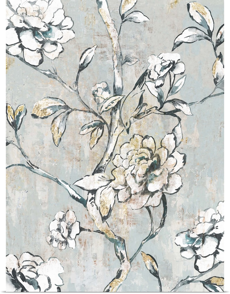 A contemporary painting of white flower blooms on leaf covered stems against a neutral textured backdrop.