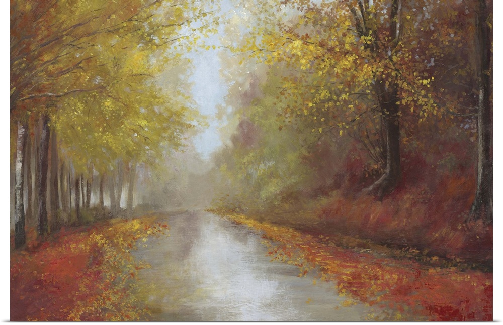 Contemporary home decor artwork of a road leading down through an autumn forest.