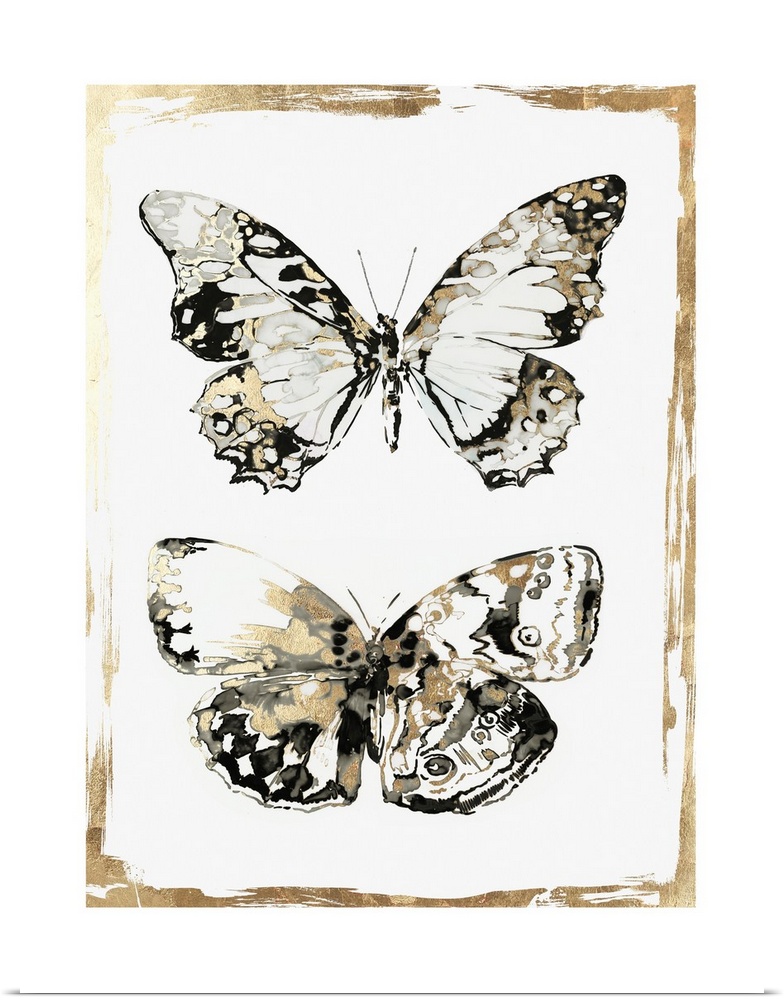 Glamorous butterfly decor in black, white, and gold.
