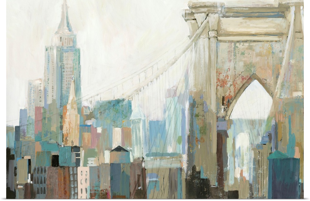 Contemporary painting of the view of Manhattan from the Brooklyn Bridge.