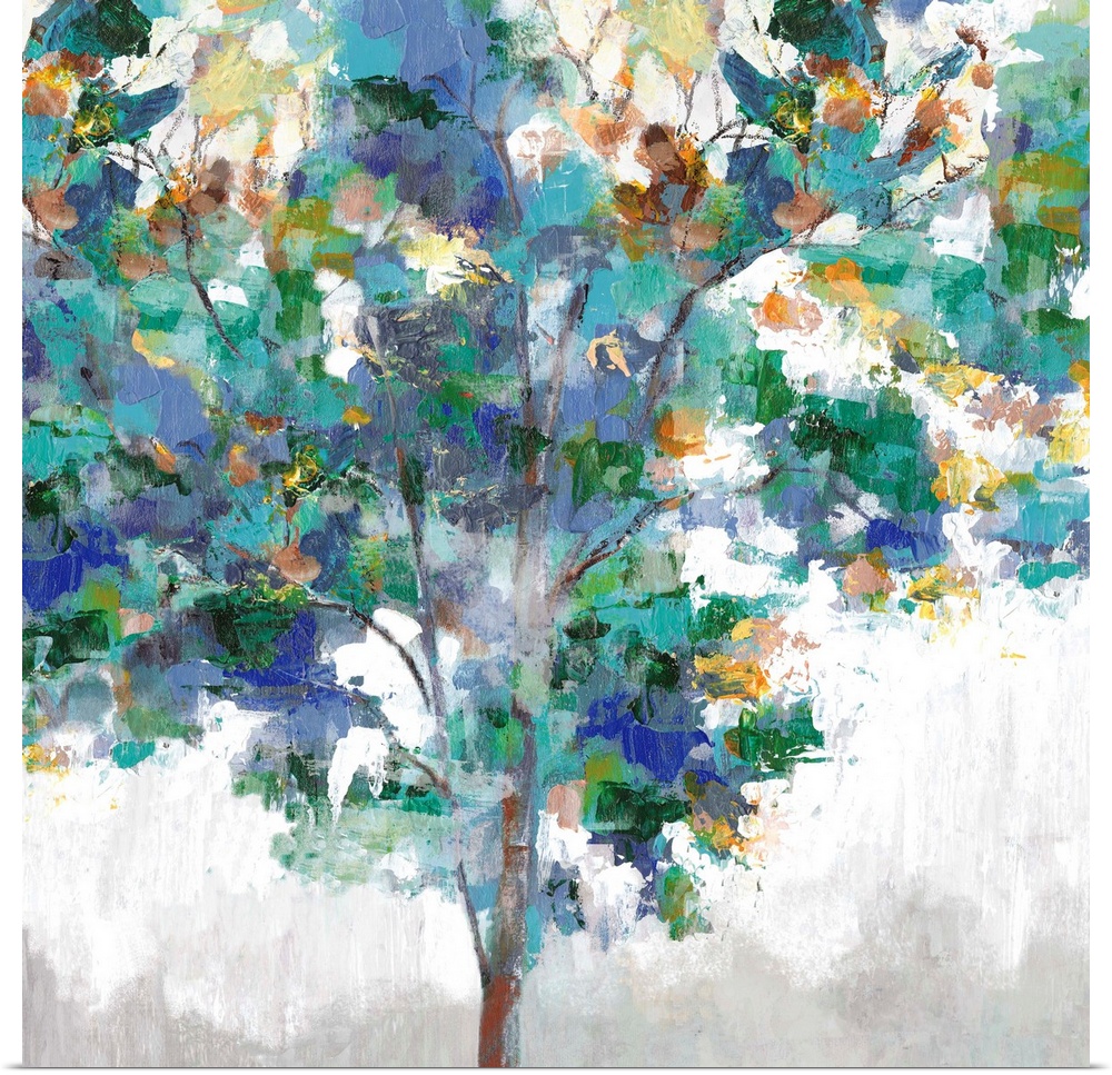 Contemporary artwork of a single tree with textured leaves in colors of green, blue and yellow.