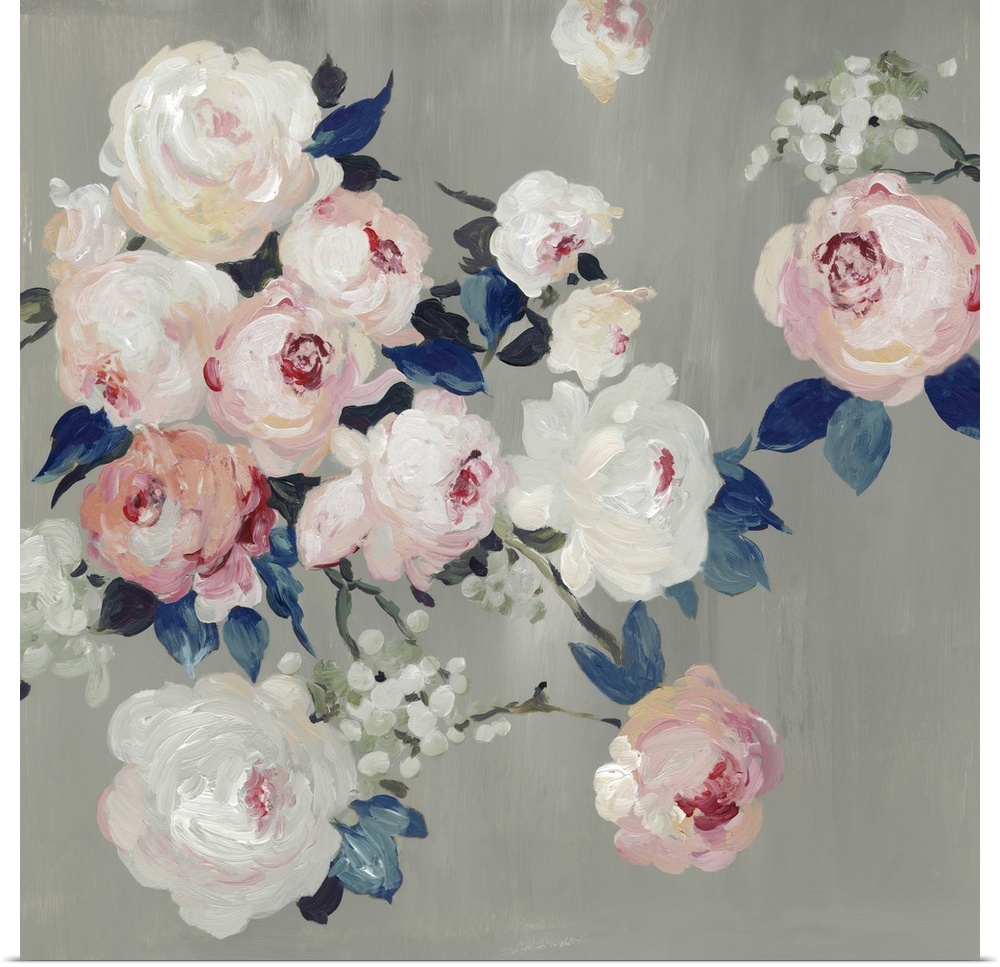 A contemporary painting of white and pink flowers against a neutral textured backdrop.