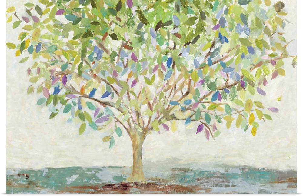 A contemporary painting of a single tree full of leaves in colors of green, blue and purple.