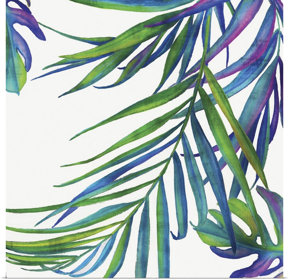 Square decor with illustrated tropical leaves in blue, purple, and green hues on a white background.