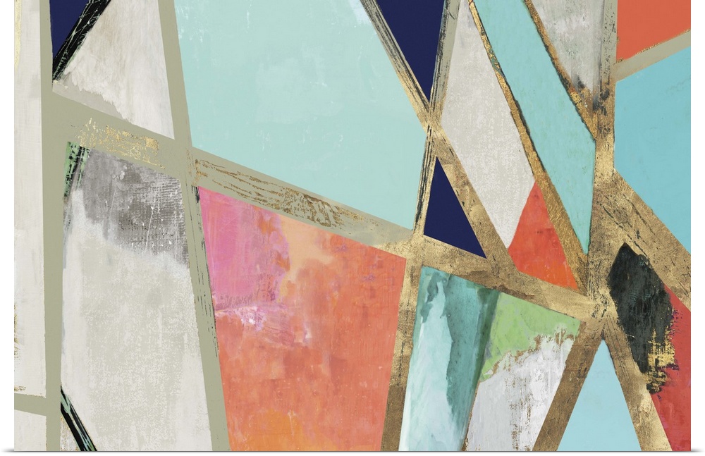 Contemporary abstract painting in modern teal, pink, and navy colors with gold edges.
