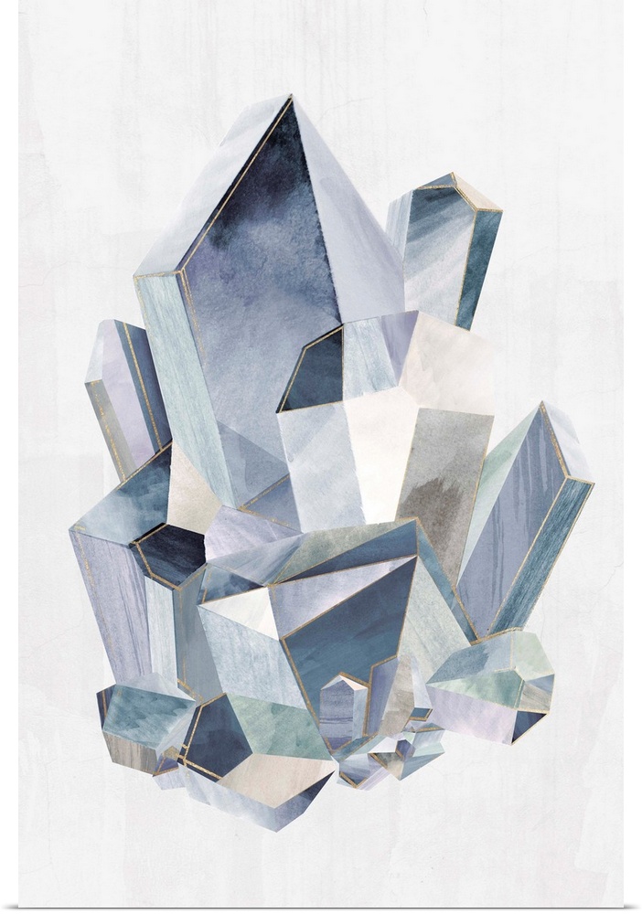 Decorative wall art with rock crystal shapes compacted together in shades of blue with gray and white tones and metallic g...