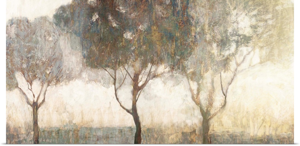 Contemporary artwork of trees on a misty morning.