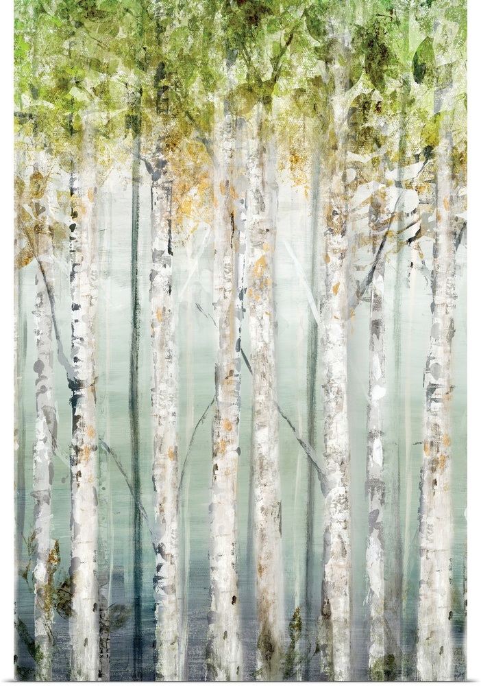 Contemporary painting of rows of trees with textured leaves in green.