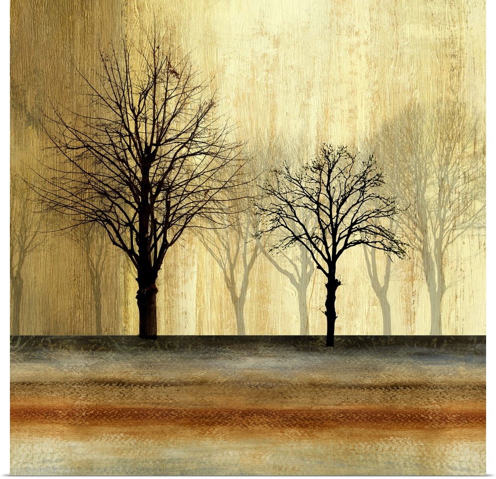 Contemporary home decor artwork of silhouetted trees against a faded background.