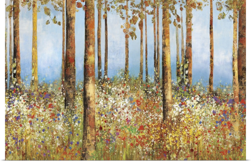 Contemporary home decor artwork of a forest with a field of flowers.