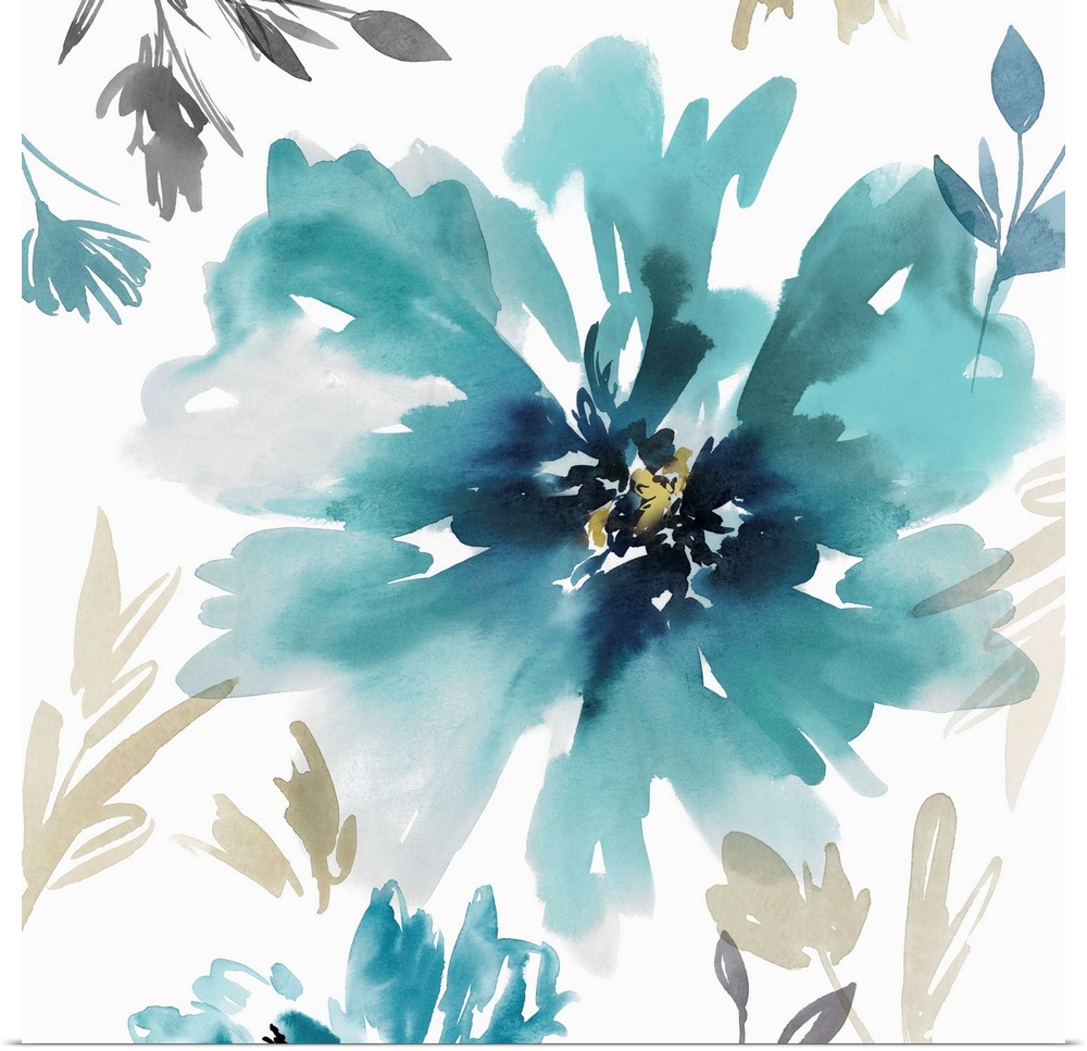 Abstractly painted watercolor flowers in aqua.