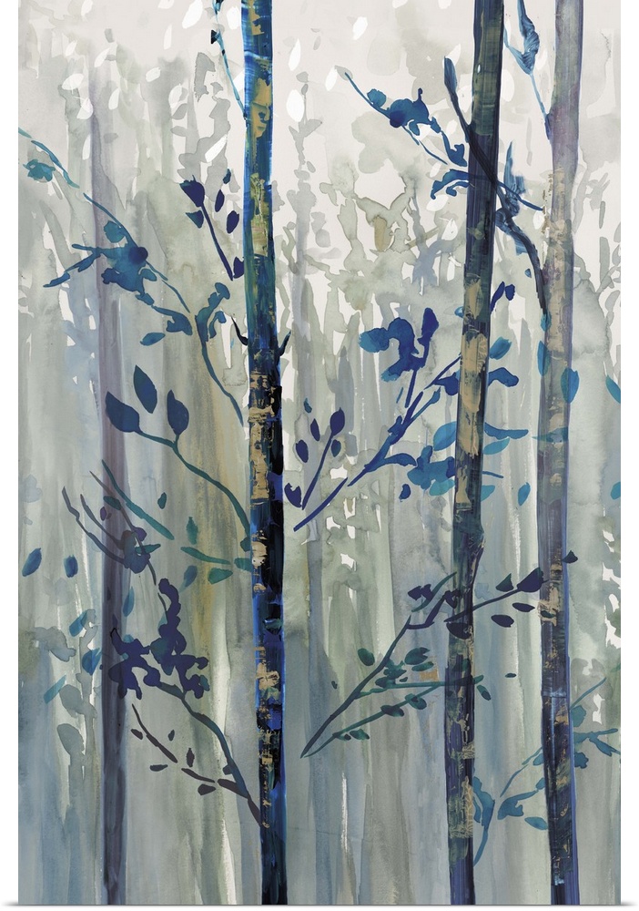 Contemporary home decor artwork of a forest of a dark blue trees.