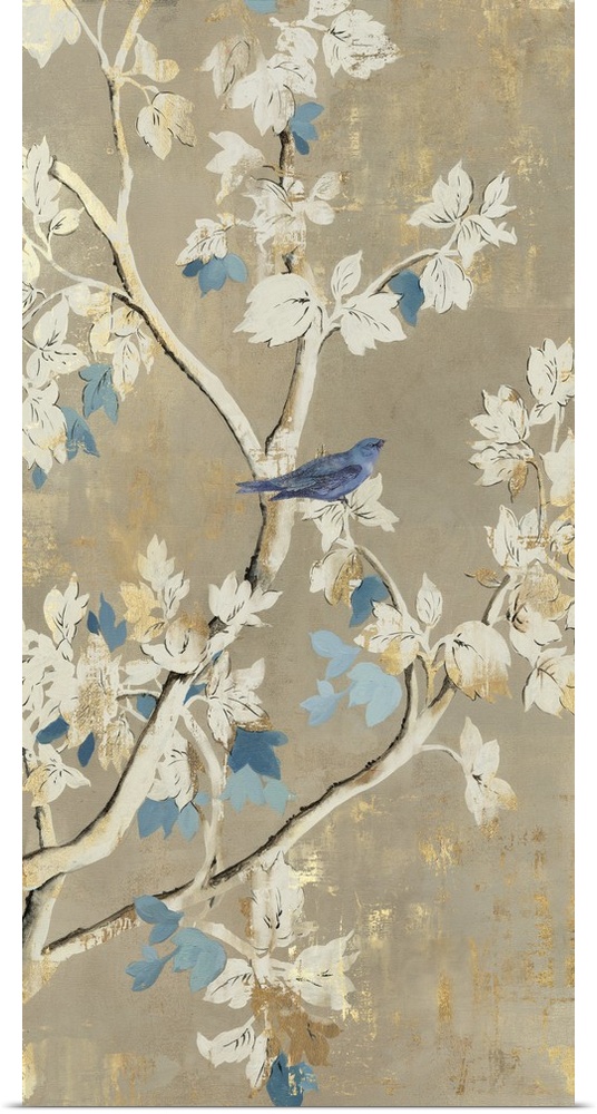 A small blue bird perched on light branches.