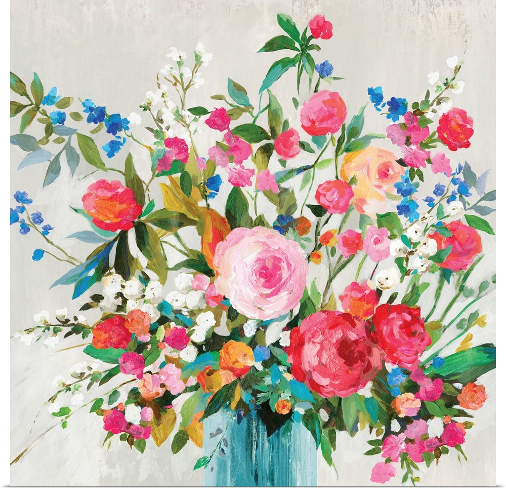 A square painting of bright flowers in a vase against a gray backdrop.