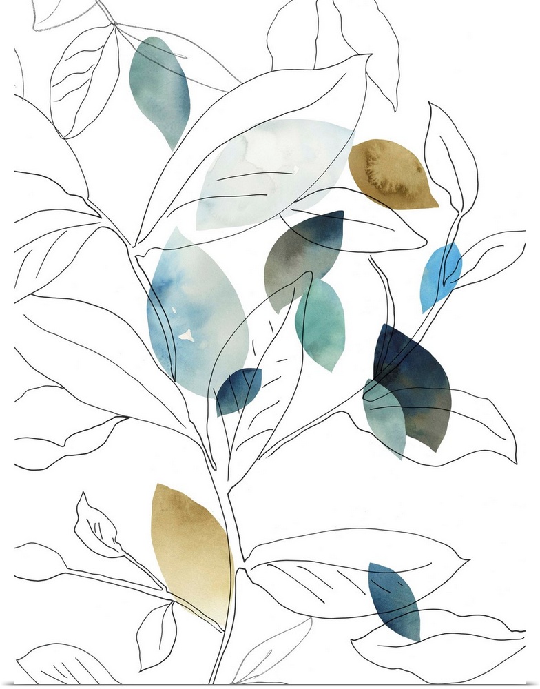 Vertical contemporary painting of outlines of leaves and earth tone colors.