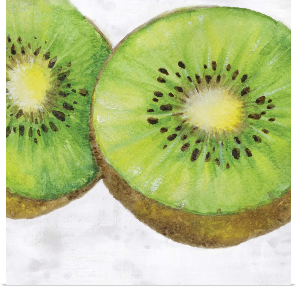 Contemporary watercolor painting of a kiwi split in half on a white and gray square background.