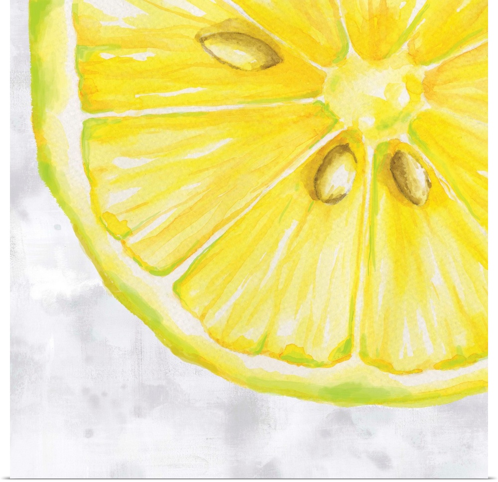 Contemporary painting of a sliced lemon with seeds on a white and gray square background.
