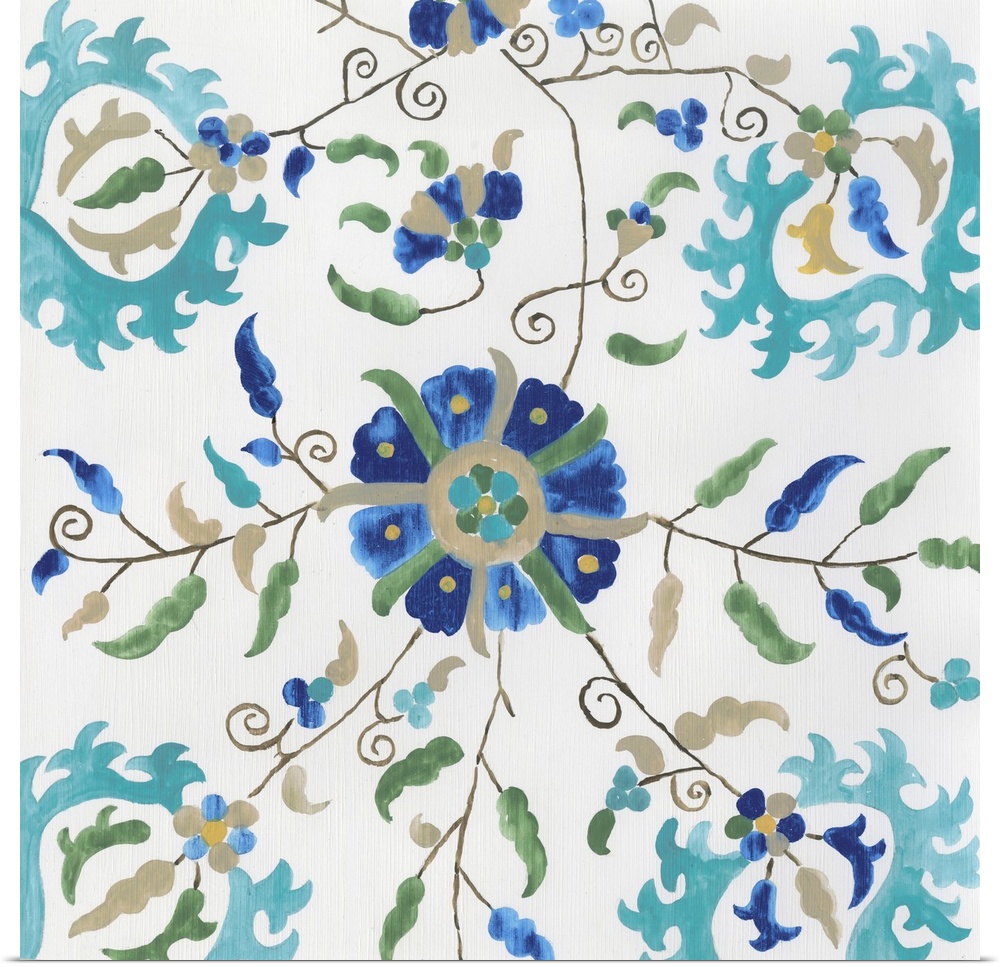 Floral pattern in various blues.
