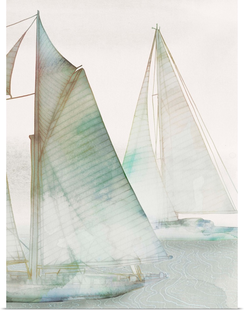 Watercolor painting of several sailboats in the mist.