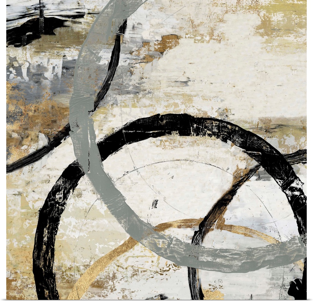 Abstract artwork of overlapping rings in shades of grey, black, and gold.