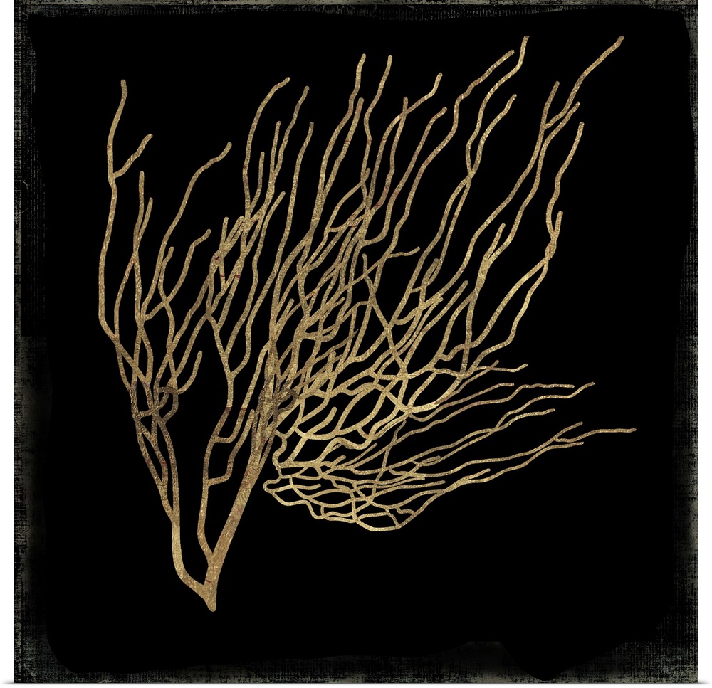 Contemporary home decor artwork of golden coral against a black background.