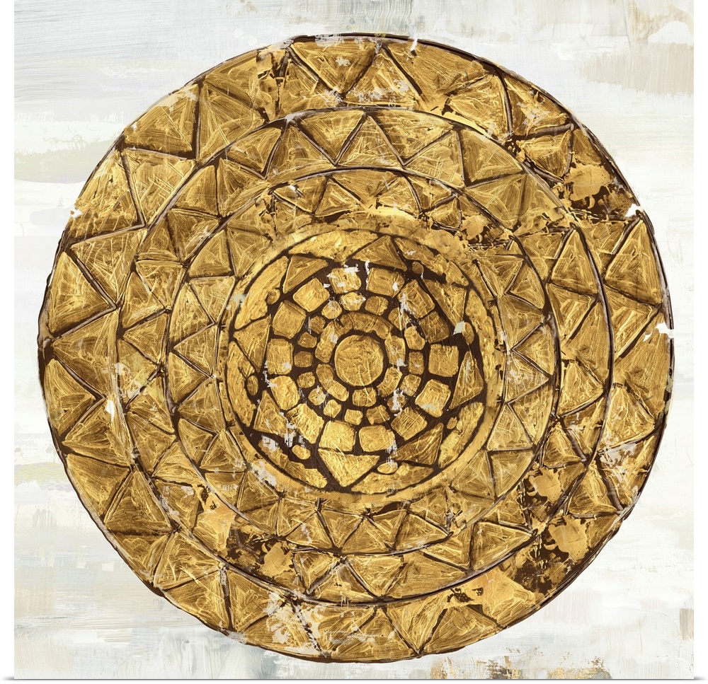 Square image of a gold circle with textured triangle designs.