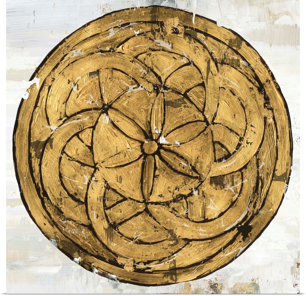 Square image of a gold circle with textured floral design.