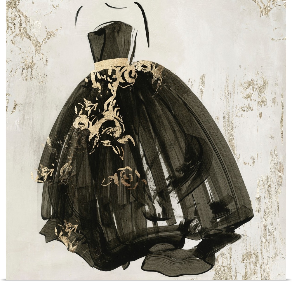 Painting of a formal ball gown, outlined in black, with gold accents against a neutral backdrop.