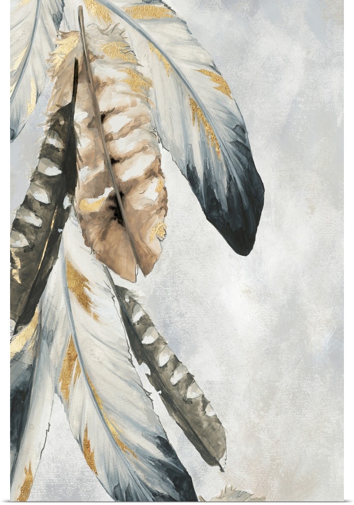 Contemporary painting of feathers falling from the top left side of the canvas to the bottom in shades of brown, gray, blu...