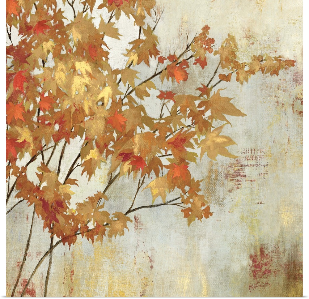 Contemporary home decor artwork of golden foliage against a neutral background.