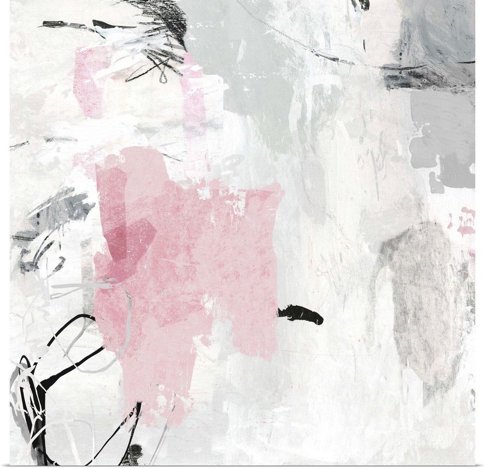 Square abstract painting in shades of gray with a hint of pink accents.