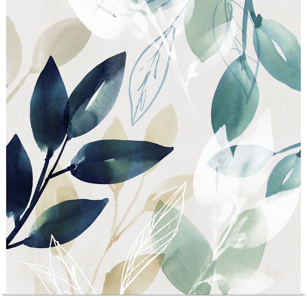 Watercolor pattern of leaves painted in various greens, blues, and neutral shades.