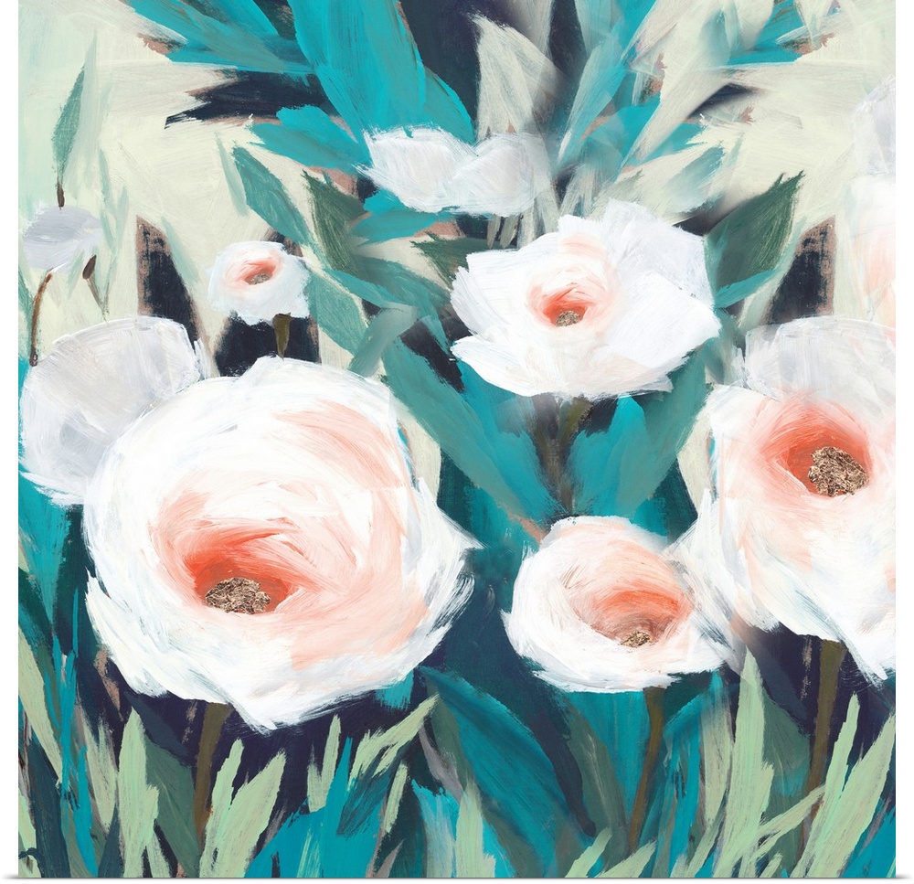 A contemporary painting of white flower blooms surrounded by leaves.