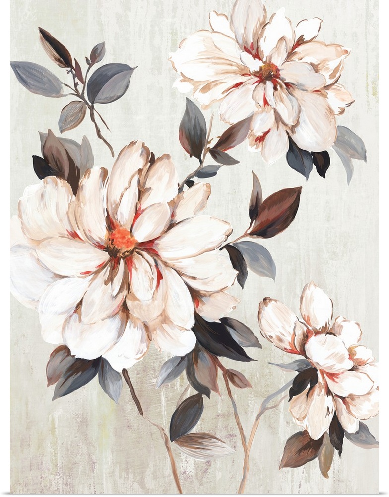 A contemporary painting of large flower blooms on leaf covered stems against a neutral textured backdrop.