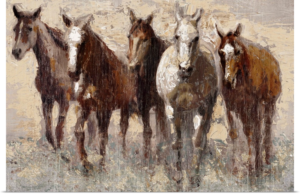 Contemporary painting of a band of brown horses in a field.