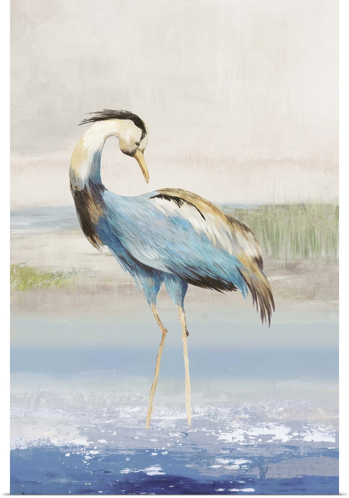 Contemporary artwork of a great blue heron standing in shallow water.