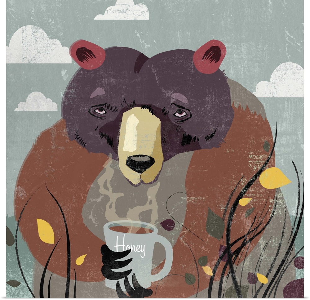 Contemporary home decor art of a bear sitting among flowers and grass holding a mug with steam pouring out of it.
