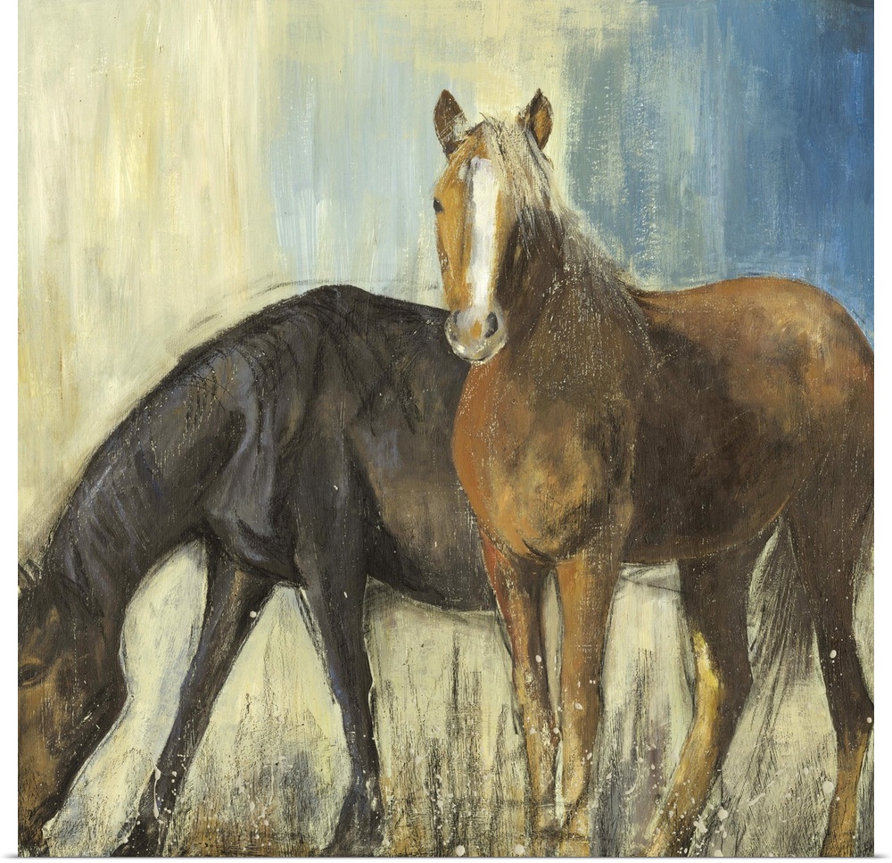 Contemporary home decor artwork of two brown horses standing against an abstract background.