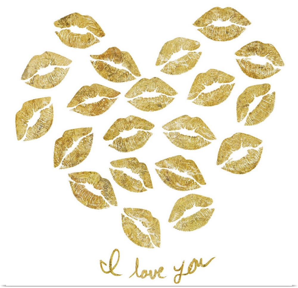 Home decor artwork of gold lettering and a heart made of lip prints against a white background.